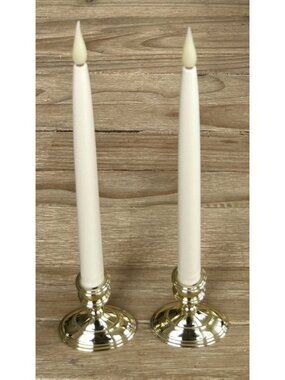 Frontgate (2) Battery Brass Base Cordless Taper Window Flicker Candles Holiday